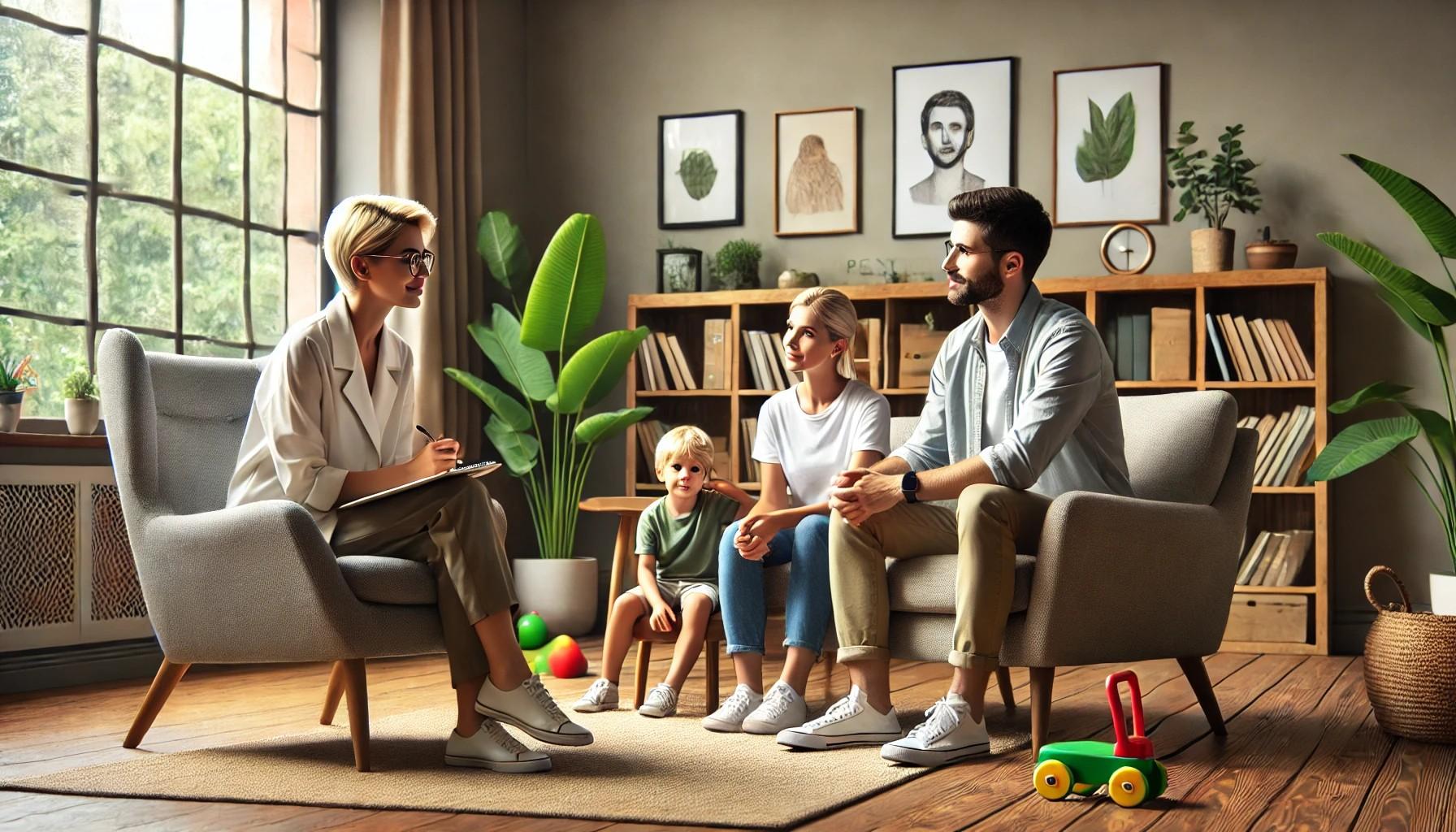 Dall e 2024 12 07 16 34 44 a serene psychologist s office with a family session taking place the psychologist a blonde woman with short hair and green glasses sits on a comfo