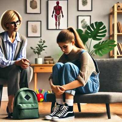 Dall e 2024 12 07 17 25 37 an adolescent girl sitting on a couch with her backpack placed at her feet curled up in a withdrawn posture in a serene psychologist s office the p
