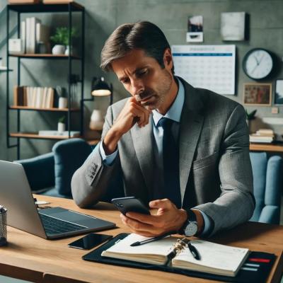 Dall e 2024 12 08 11 45 05 a 45 year old man sitting at his office desk visibly thoughtful and troubled the setting includes a modern desk with a laptop a smartphone and an